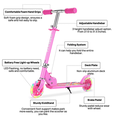 Load 50kgs Children Girls 2 Wheel Kick Scooter Quick Folding